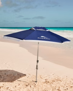 Tommy Bahama Easy-Set-Up beach umbrella with ANCHORX sand anchor for beach rental.