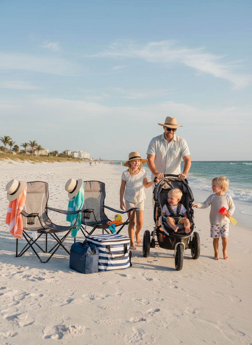 Family enjoying a beach vacation in Florida with PackLess Co rental gear — stroller, beach chairs, and a cooler